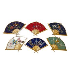 6 Vintage Fabric Bamboo Fans Wall Hanging Hand Painted Floral Bird Tree Branch